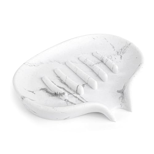 Self Draining Soap Dish for Shower & Bathroom Sink with Drain | Large Marble Resin Non Slip Soap Tray for Bar Soap, Kitchen Counter, Bathtub & Sink - color: 1 Pcak&a-white