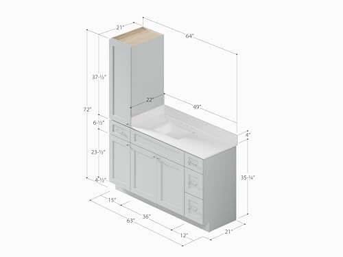 63" Bathroom Vanity with Linen Storage Tower and 4 Drawers, Carrara Quartz Top and Ceramic Sink, Left or Right Tower Option, Solid Wood Frame, 64" x 22" x 72" (Gray, Left Tall Cabinet) - color: Grey