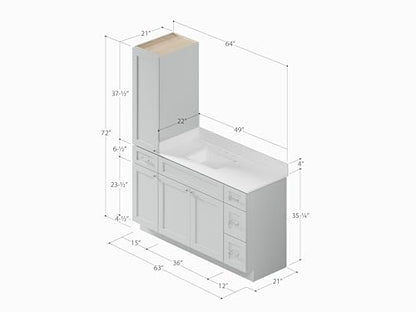 63" Bathroom Vanity with Linen Storage Tower and 4 Drawers, Carrara Quartz Top and Ceramic Sink, Left or Right Tower Option, Solid Wood Frame, 64" x 22" x 72" (Gray, Left Tall Cabinet) - color: Grey