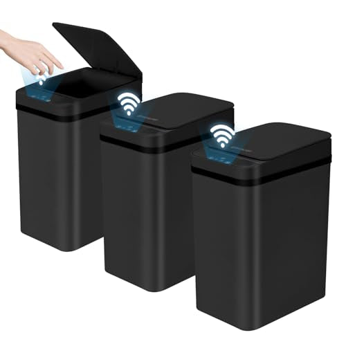 3 Pack Bathroom Trash Can with Lid, 2.5 Gallon Small Slim Trashcan, Automatic Trash Can Touchless, Motion Sensor Waterproof Plastic Trash Bin for Bedroom Kitchen Office Living Room (Black) - color: Black