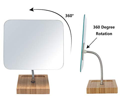 YEAKE Flexible Gooseneck Bamboo Vanity Makeup Mirror,360°Rotation 8" Large Frameless, Folding Portable Table Desk Mirror with Stand for Bathroom Shaving Make Up, Rectangle - size: 11.4"L x 6.3"W