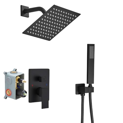 Matte Black Shower System Bathroom Rainfall Shower Faucet Set Complete Wall Mounted 8 Inch Shower Head and Handle Set with Rough-in Valve Body and Trim Kit - color: Matte Black, size: 8 Inch