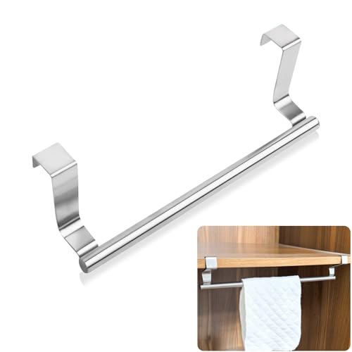 Mziart Over The Door Towel Rack for Bathroom Kitchen, 14 Inch Brushed Stainless Steel Over Cabinet Towel Bar with Hooks, Cupboard Towel Holder, Space-Saving Towel Hanger, Silver - size: 14 inch