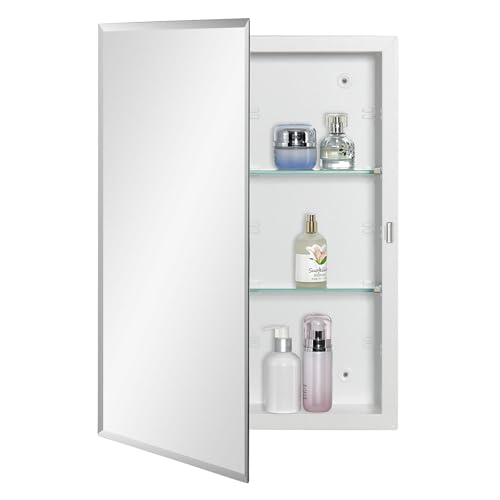 IDYLLOR Bathroom Medicine Cabinet with Beveled Edge Mirrored Door 16 x 22 inch, Recessed or Surface Mount, with Adjustable Glass Shelves - color: Matt White, size: 16x22 inch Beveled Edge Mirror