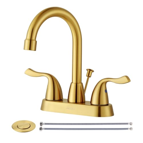 ARCORA Brushed Gold Bathroom Faucet, 4 Inch Centerset Bathroom Sink Faucet | Lead-Free Vanity Faucet with 360° Swivel Spout, 2 Handles Centerset Lavatory RV Faucet with Lift Rod Drain and Supply Lines - color: Brushed Gold, size: 4 Inch Centerset