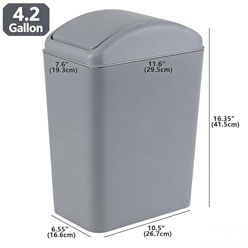Slim Bathroom Trash Can with Swing Lid, 4.2 Gal Garbage Bin | Plastic Small Wastebasket, Space-Saving Narrow Bin for Under Sink, Desk, Kitchen, Bedroom, Office, Gray - color: Grey