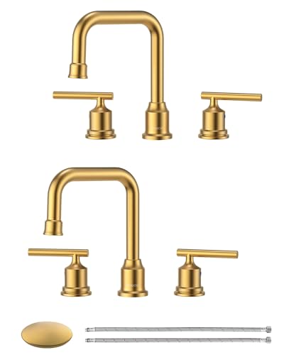WOWOW Gold Bathroom Faucet 3 Hole, Widespread Vanity Sink Faucets 8 Inch | Copper Inlet Faucet for Bathroom Sink with Swivel Spout, 2 Handles Lavatory Tap with Drain and cUPC Supply Line (Set of 2) - color: Brushed Gold x 2, style: Upgrade-8 Inch