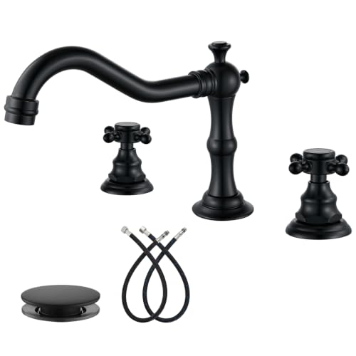gotonovo 3 Hole 8’’ Widespread Bathroom Sink Faucet Matte Black | Vintage Bathroom Faucet,2 Cross Handle,6-16’’ Sink,Vanity,Basin,RV,Farmhouse,SUS304,24’’ cUPC Hose Pop Up Drain,Deck Mount - color: Black