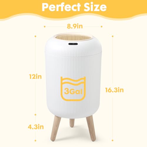 Motion Sensor Bathroom Trash Can,3 Gallon Auto Touchless Trash Bin | Automatic Garbage can with Lid and Legs,Electric,Tall,Plastic,Small White wastebasket for Bedroom,office,kitchen,RV,Toilet - color: White