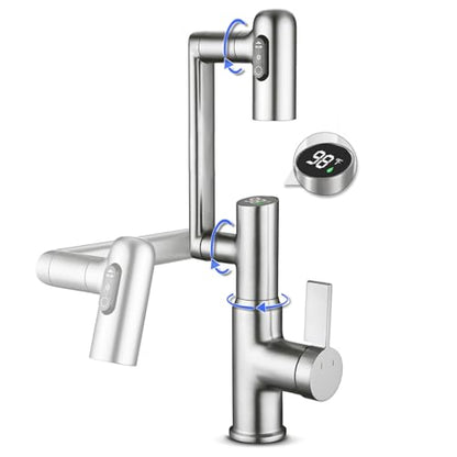 Rotatable Bathroom Faucet with Temperature Display in Fahrenheit(Batteries-Free), Height Adjustable Sink Smart Faucet with 3 Water Settings for Bathroom Lavatory Vanity Sink, LCF-2401, Brushed Nickel - color: Brushed Nickel - Fahrenheit