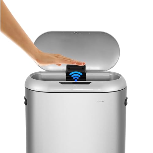 happimess 13.2 Gal Oval Motion Sensor Trash Can, Platinum Silver | Oval, Motion Sensor, Touch Mode, Fingerprint Resistant, Stainless Steel, Soft Close Lid, 17.7" W x 9.84" D x 24.2" H - color: Platinum Silver