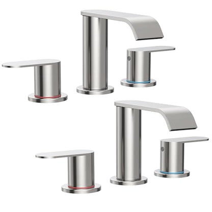 2 Pack Brushed Nickel Waterfall Bathroom Faucet for Sink 3 Hole Widespread | Bathroom Sink Faucets with Pop-up Drain and Supply Lines Stainless Steel 2-Handle Bathroom Sink Faucet by Homevacious - color: Brushed Nickel X 2, size: 8 Inch Widespread
