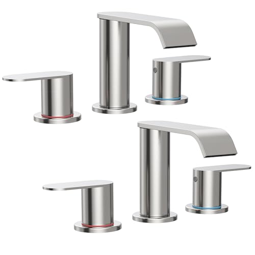 2 Pack Brushed Nickel Waterfall Bathroom Faucet for Sink 3 Hole Widespread | Bathroom Sink Faucets with Pop-up Drain and Supply Lines Stainless Steel 2-Handle Bathroom Sink Faucet by Homevacious - color: Brushed Nickel X 2, size: 8 Inch Widespread
