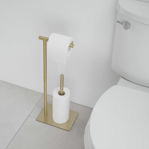 FFK Toilet Paper Holder Free Standing, 21.5" Bathroom Toilet Tissue Roll Holder Stand with Storage, SUS304 Stainless Steel Rustproof, Gold - color: Brushed Gold