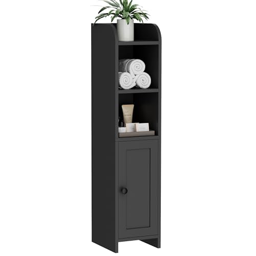 Homhedy Small Bathroom Storage Cabinet, Narrow Toilet Paper Cabinet | Corner Floor Cabinet with Door and Shelves, Slim Bathroom Cabinet for Small Spaces, 7.9" D x 7.1" W x 31" H, Black - color: Black, size: 7.9"D x 7.1"W x 31"H