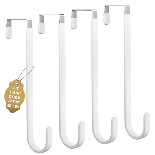 Over the Door Hooks, 4 Pack Heavy Door Hanger Hooks with Non-Slip Rubber, Over Door Hanger for Towels, Coats, Bags, Space Saving Door Coat Hanger for Living Room,Bathroom, Bedroom (White, Long) - color: White, size: 7.8" Long, Fit Doors Up to 1 3/8"