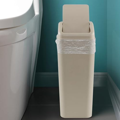 Obstnny 3.2 Gallon Slim Plastic Trash Can for Narrow Spaces, Khaki, 14L | Swing Lid Garbage Can Use at Home or Office