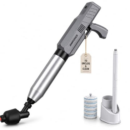 Electric Toilet Plunger and Disposable Brush Bundle, Heavy Duty High Pressure Air Unclogger Tool, 360° Toilet Wand Cleaning System with Caddy & 6 Refills