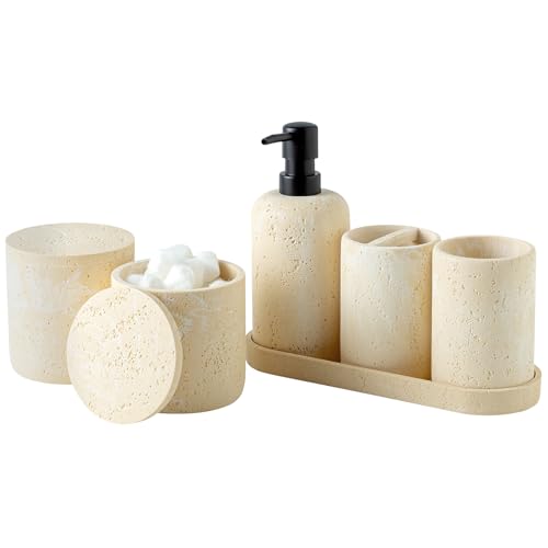 Bathroom Accessories Set, Travertine Stone-Look, 6 PCS, Yellow | Bathroom Accessory Set with Soap Dispenser, Toothbrush Holder, Tumbler, Vanity Tray, Cotton Swab Jars for Countertop - color: Yellow
