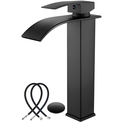 Midanya Waterfall Tall Bathroom Vessel Sink Faucet,Matte Black | with 24” cUPC Water Hoses,Pop Up Drain without Overflow,for 1 hole Vanity,RV,Lavatory,Bowl,Farmhouse,SUS304,Single Handle - color: Black