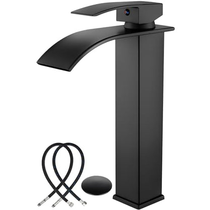 Midanya Waterfall Tall Bathroom Vessel Sink Faucet,Matte Black | with 24” cUPC Water Hoses,Pop Up Drain without Overflow,for 1 hole Vanity,RV,Lavatory,Bowl,Farmhouse,SUS304,Single Handle - color: Black