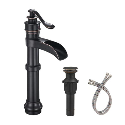 Black Waterfall Bathroom Sink Faucet Single-Handle 1 Hole | Above Counter Bowl Sink,with Pop Up Drain Assembly and Supply Hose,Lead-Free Solid Brass,Vanity Lavatory Mixer Tap - color: Black