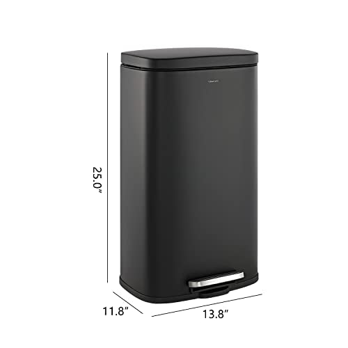 happimess Curtis 8 Gal Step Trash Can Soft Close 25", Charcoal Black | Stainless Steel, Fingerprint Resistant Satin Finish, Removable Liner, Steel Pedal, 20 Trash Bags Included, Kitchen Bin - color: Black
