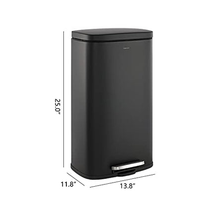 happimess Curtis 8 Gal Step Trash Can Soft Close 25", Charcoal Black | Stainless Steel, Fingerprint Resistant Satin Finish, Removable Liner, Steel Pedal, 20 Trash Bags Included, Kitchen Bin - color: Black