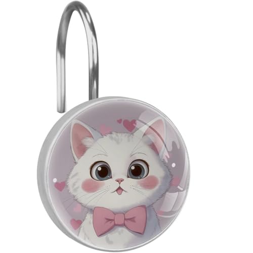 Crystal Glass Shower Curtain Hooks Set of 12, Rustproof Shower Curtain Rings for Bathroom, Cute Cat Wear Pink Bow Decorative Shower Curtain Hangers for Shower Curtain Rod, Bedroom - color: Cute Cat Wear Pink Bow