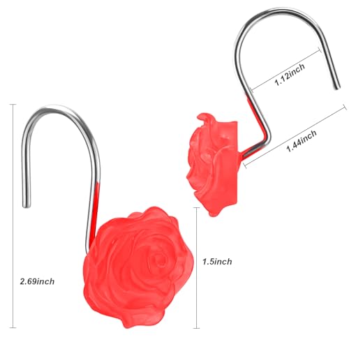 Decorative Rose Flower Shower Curtain Hooks, Red, Glow in The Dark, 12 Pack - color: Red