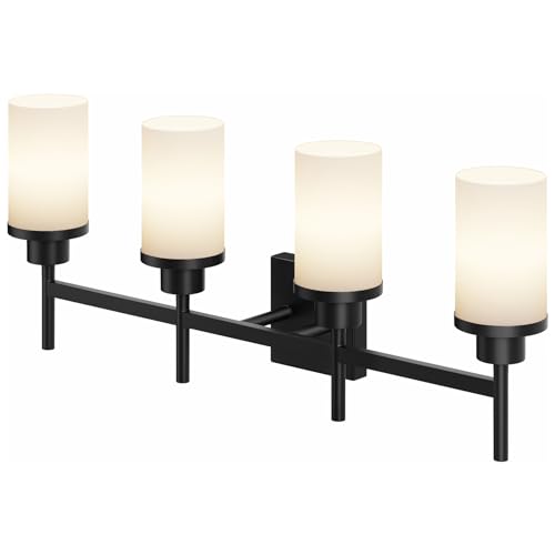 Wall Light Fixtures 4-Light Over Mirror, Matte Black Vanity Lights with White Frosted Glass Shade, Wall Sconces for Bathroom Kitchen T001MB-L4 - color: Matte Black, size: 4-Light