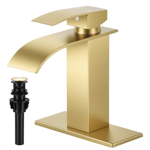 Brushed Gold Bathroom Faucets, Waterfall Bathroom Sink Faucet | Single Handle, Stainless Steel, Vanity Faucet with Deck Plate, Pop-up Drain, For 1 or 3 Hole, RV, Farmhouse - color: A-Brushed Gold