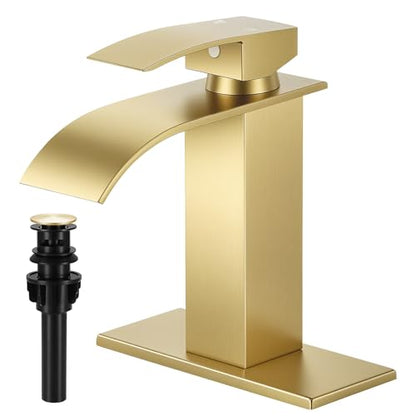 Brushed Gold Bathroom Faucets, Waterfall Bathroom Sink Faucet | Single Handle, Stainless Steel, Vanity Faucet with Deck Plate, Pop-up Drain, For 1 or 3 Hole, RV, Farmhouse - color: A-Brushed Gold