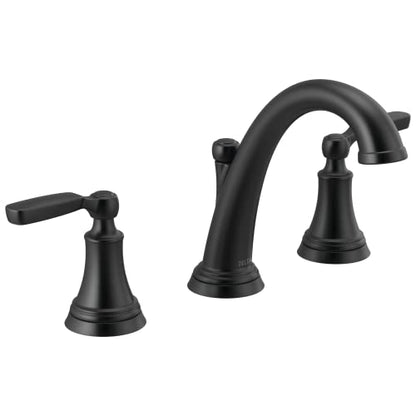 Delta Woodhurst Matte Black Bathroom Faucet 3 Hole, 8 Inch Widespread Bathroom Sink Faucet for Vanity, Metal Push-Pop Drain Assembly, Matte Black 3532LF-BLMPU - color: Matte Black