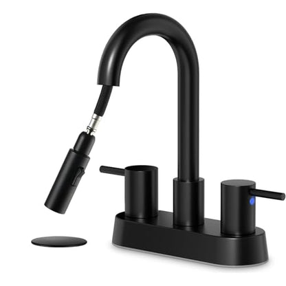 Stainless Steel Matte Black Bathroom Faucet with Pull Out Sprayer, Black Dual-Function Spout Bathroom Sink Faucet, 4 Inch Two Handle Utility Sink Faucet with Sprayer 3 Hole, Pet Shower, RVs - color: Matte Black