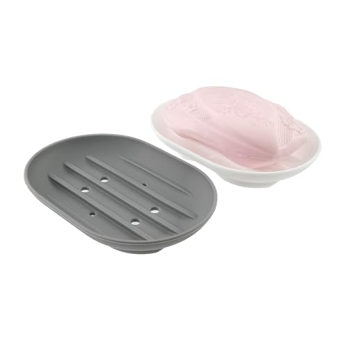 BlingKingdom 2 PCS Silicone Soap Dishes, Soap Tray with Drain | Non-Slip, Portable Self Draining Soap Holder for Shower, Bathroom, Kitchen Sink (White and Grey)