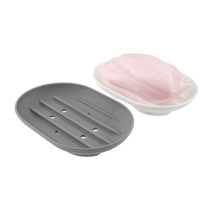 BlingKingdom 2 PCS Silicone Soap Dishes, Soap Tray with Drain | Non-Slip, Portable Self Draining Soap Holder for Shower, Bathroom, Kitchen Sink (White and Grey)