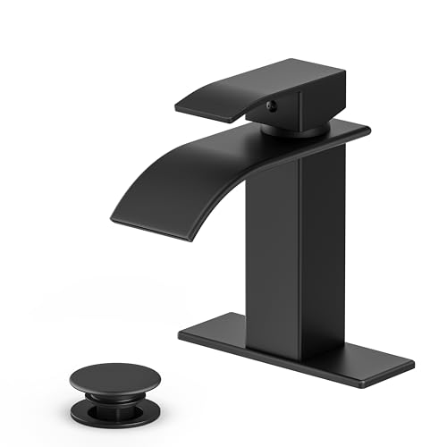 Waterfall Bathroom Faucet, Matte Black Stainless Steel, 1-Handle | Modern Bathroom Sink Faucet for RV & Outdoor Basins, Pop-Up Drain, Supply Lines, 6-in Deck Plate, 1- or 3-Hole, NSF Certified - color: Matte Black