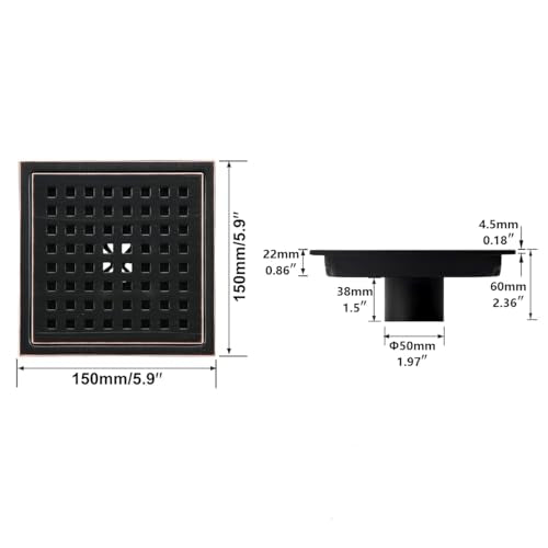 RANDOM Oil Rubbed Bronze Shower Drain Square 6 Inch Shower Floor Drain Grate & Removable Hair Strainer 304 Stainless Steel Shower Drain Cover Bathroom Accessories.RD98738-ORB - color: C-oil Rubbed Bronze-6″ Square