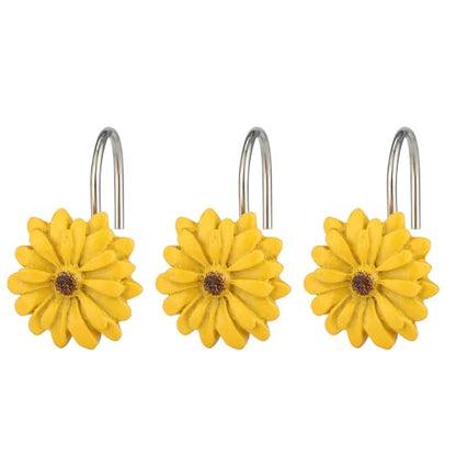 Twofish Home Sun Flower Shower Curtain Hooks Anti Rust Shower Curtain Hooks Decorative Resin Sun Flower Shower Curtain Rings Set of 12 - color: Sun Flower