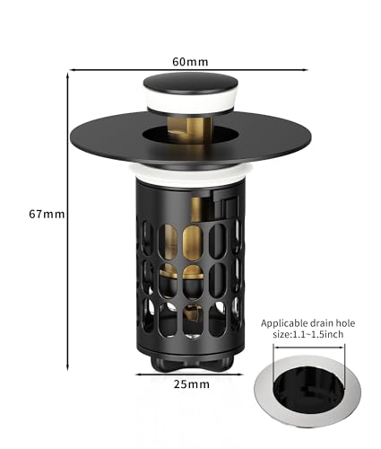 QYHNYJF Upgraded Bathroom Sink Stopper with Hair Catcher - Universal Pop-Up Drain Plug, Stainless Steel & Silicone Seal for 1.1-1.5 Inch Drains, Matte Black Finish (Matte Black) - color: Black