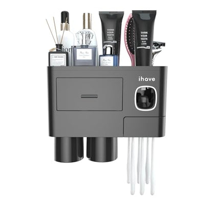 iHave Toothbrush Holders Wall Mounted with Toothpaste Dispenser & 2 Cups | All-in-One Bathroom Organizer: 2 Cups, 6 Slots, Toothpaste Dispenser, Large Tray & Drawer. Wall Mount, No Drilling Required - color: Black, size: 2 cup