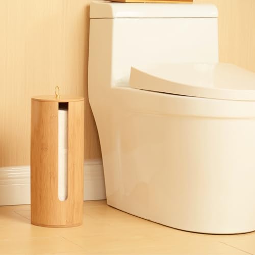 Gobam Bamboo Toilet Paper Storage with Dual-Use Lid, Freestanding Bathroom Tissue Organizer with Viewing Slot, Built-In Handle, Anti-Slip Base, Compact Toilet Paper Holder Stand for up to 3 Mega Rolls - size: 3 Roll - Round