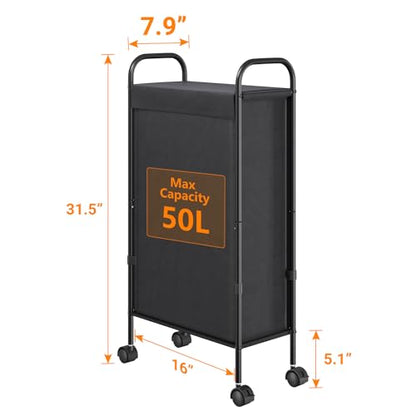 ELYKEN Slim Laundry Hamper with Lid & Wheels, 50L Rolling Laundry Basket | 7.9" Narrow Design, 50L, Removable Liner Bag, Lockable Wheels, Space Saving Clothes Hamper for Bathroom, Bedroom, Closet - style: Black-50L