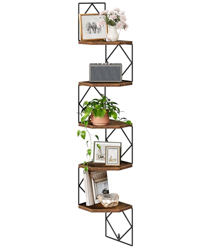 CHOEZON 5-Tier Corner Shelf, Floating Shelf, Wall-Mounted Storage Shelf, Wall Decor, Narrow Corner Bookshelf, for Living Room, Bedroom, Home Office, and Bathroom, Rustic Brown and Black TCJ35BF - color: Rustic Brown, Black