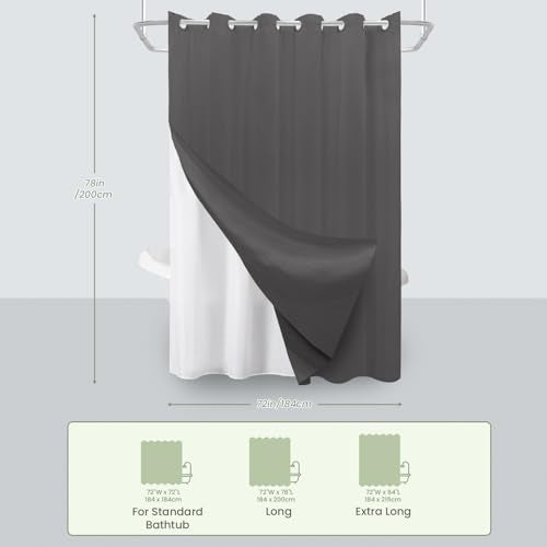 Inhousolu No Hook Shower Curtain with Removable Snap-in Liner, Waffle Weave 230 GSM Polyester, Weighted Hem, Water Repellent Washable, 72 x 78 Inch, Graphite Gray - color: Graphite Gray, size: 72"W x 78"L (Pack of 1)
