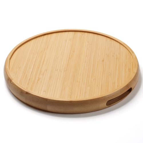 13.4" Round Bamboo Tray with Handles, Wood Serving Tray, Decorative Tray | Wooden Centerpiece Tray for Coffee Table, Kitchen, Living Room, Bedroom - size: 13.4"