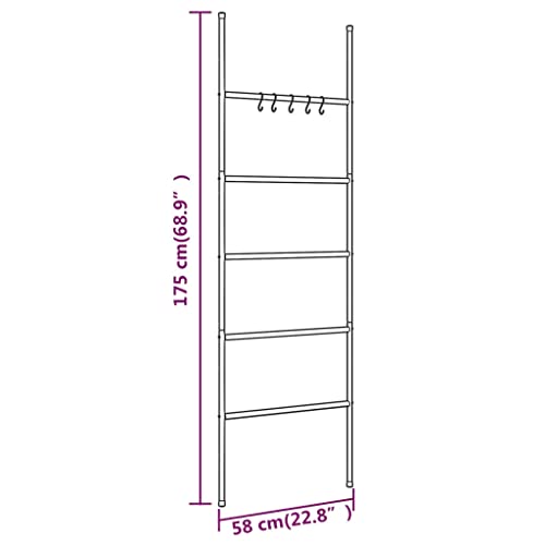 5-Tier Towel Rack Ladder, Modern Metal Wall-Leaning Towel Holder for Bathroom, Decorative Blanket Storage Organizer, Black Iron Finish, 68.9 Inches Tall