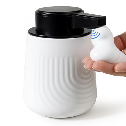 BosilunLife Ceramic Automatic Soap Dispenser with Extended Pump Nozzle, 3 Adjustable Levels, Touchless Foam Hand Wash Foaming Dispenser for Bathroom & Kitchen, Embossed Wave Design, White, 10oz - color: Embossed Wave-white