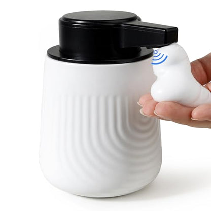 BosilunLife Ceramic Automatic Soap Dispenser with Extended Pump Nozzle, 3 Adjustable Levels, Touchless Foam Hand Wash Foaming Dispenser for Bathroom & Kitchen, Embossed Wave Design, White, 10oz - color: Embossed Wave-white
